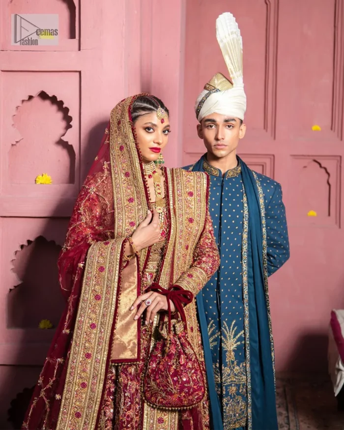 Deep shades of this reception wear just to brighten up your days. The deep red frock is intricately emblazoned with golden embellishments. Red floral designs and threads give an elegant touch to the frock Graceful details of tilla, dabka, kora, Kundan and Zardozi make this beautiful frock a perfect choice to pair with Wedding sharara. The round neckline of the following blouse intensifies the beauty. Furthermore, the full sleeves are decorated with floral patterns. The following deep red frock is coordinated with fish cut sharara having detailed embroidery. Complete this outfit with a dupatta framed with four-sided borders and floral jaal all over.