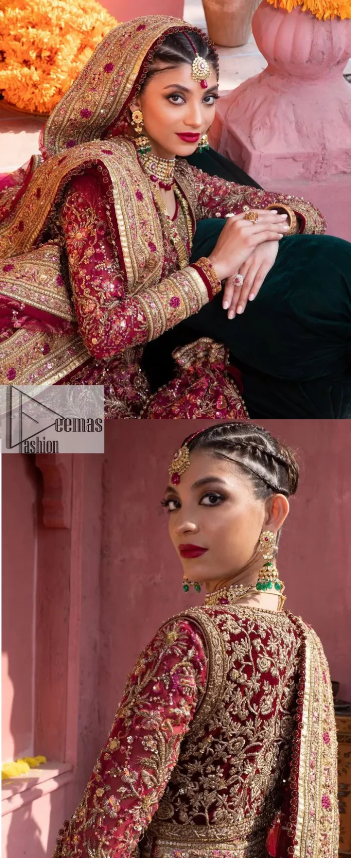 Deep shades of this reception wear just to brighten up your days. The deep red frock is intricately emblazoned with golden embellishments. Red floral designs and threads give an elegant touch to the frock Graceful details of tilla, dabka, kora, Kundan and Zardozi make this beautiful frock a perfect choice to pair with Wedding sharara. The round neckline of the following blouse intensifies the beauty. Furthermore, the full sleeves are decorated with floral patterns. The following deep red frock is coordinated with fish cut sharara having detailed embroidery. Complete this outfit with a dupatta framed with four-sided borders and floral jaal all over.