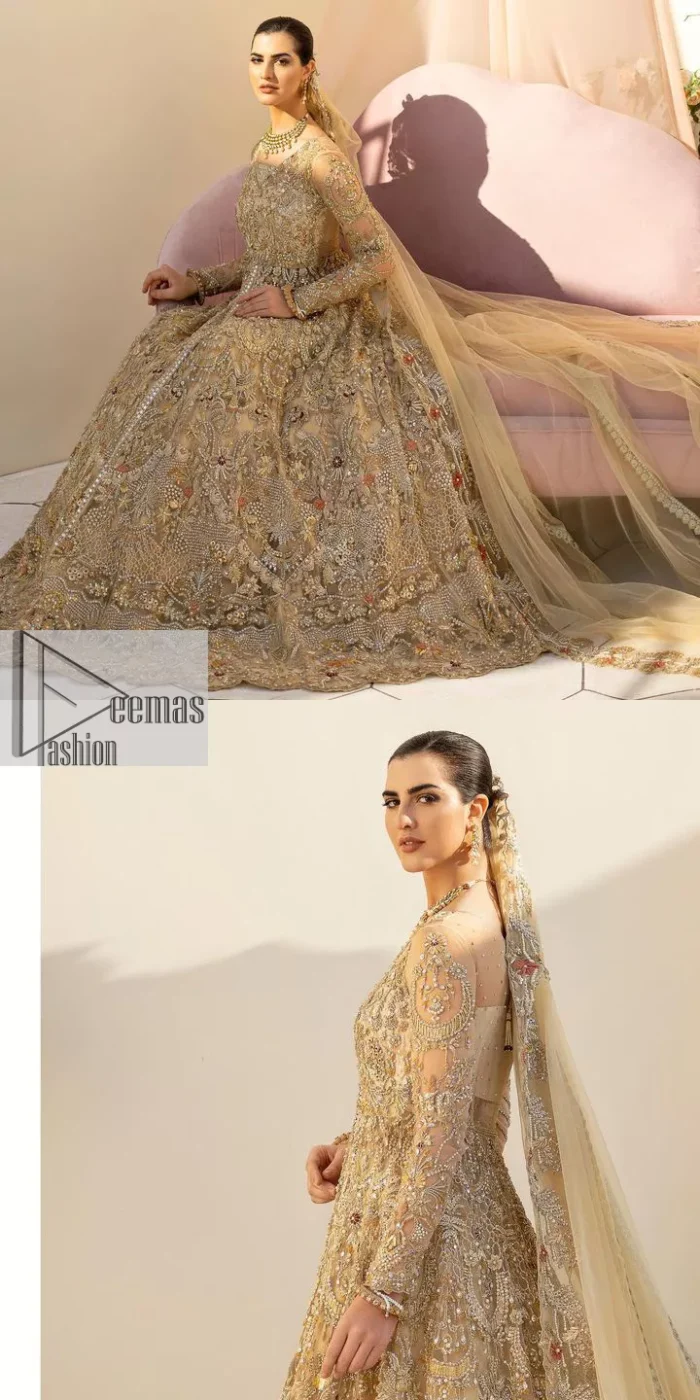 Make a statement wherever you go with a great selection of fawn colours just for you! A beautiful fawn scalloped maxi with a medley of hand-embellished floral motifs and geometric patterns in silver and gold colour. The maxi is enhanced with tilla, dabka, kora, Kundan and the real magic of Zardozi. The V shape neckline makes this walima outfit charming and attractive. Further, the patterns on full sleeves also intensify its loveliness. It is paired with an embellished floral border lehenga served with a scalloped. A net dupatta with sequin spray and intricate borders completes a gorgeous outfit.
