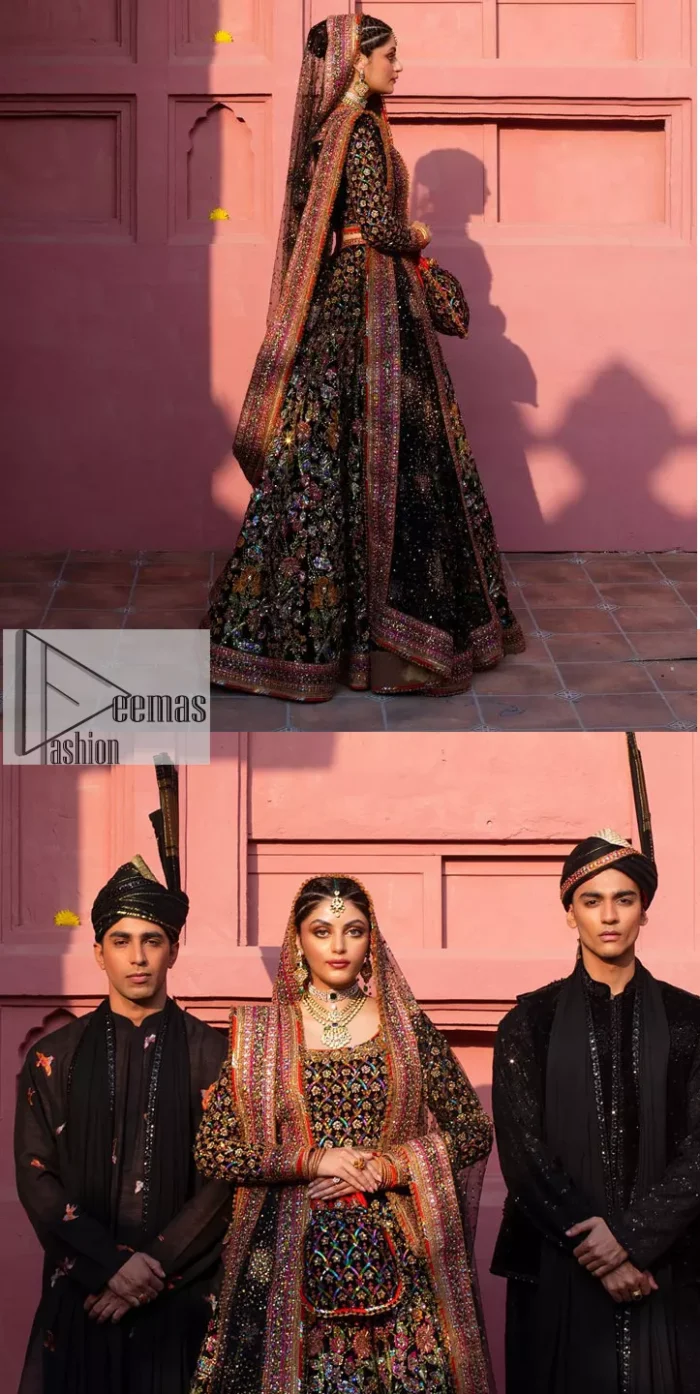 Make your superb days bright and bold! A jet black blouse with floral branches, peacock motifs and Mughal-inspired embellishments with dabka, naqshi, cut dana, Resham, Swarovski, Zardozi, tilla and Kundan. It is supported with a round neckline and full sleeves to make this masterpiece a traditional look. The lehenga has an embellished border around its flare that is complemented and decorated with multiple colour embroidery. It is paired with an organza dupatta in the same colour with a sequin-sprayed surface and intricately embellished borders on all sides.