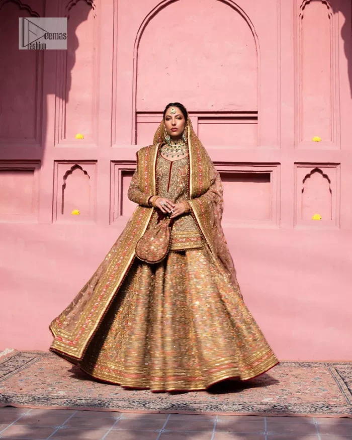 Create a look that’s for you with just one twist of this reception wear. A soft brown short shirt heavily embellished with tilla, dabka, Kora, Zardozi and Kundan. This beautiful dress has Mughal-inspired motifs, geometrical patterns, floral motifs and appliquéd silks. The round neckline makes this masterpiece unique and lovely. In addition to this, the full sleeves also admire its beauty. A lehenga supports it with an embellished border. The organza dupatta has a sequin-sprayed surface with branching floral motifs and it is enveloped with four-sided beautiful borders.