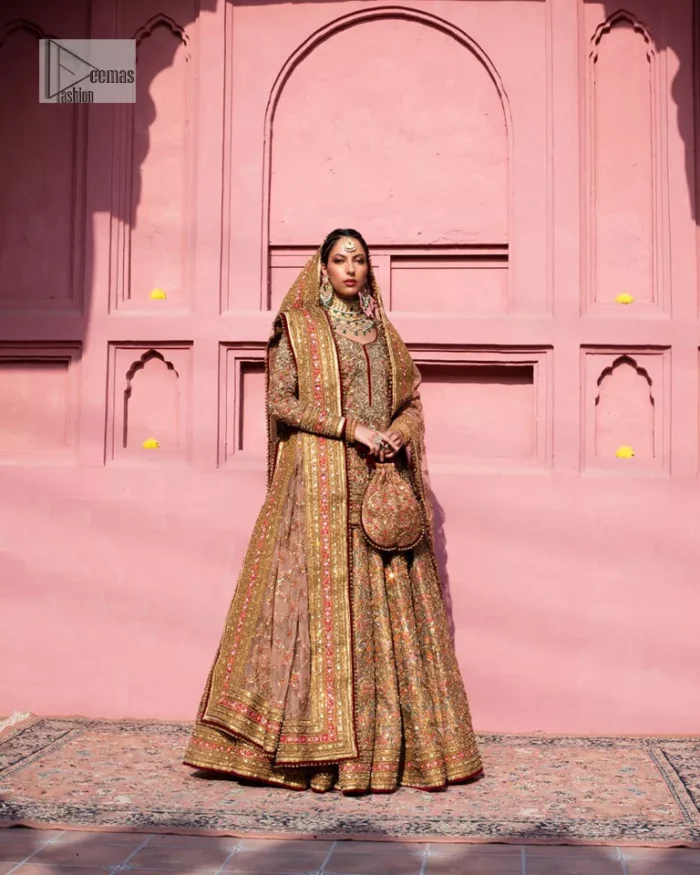 Create a look that’s for you with just one twist of this reception wear. A soft brown short shirt heavily embellished with tilla, dabka, Kora, Zardozi and Kundan. This beautiful dress has Mughal-inspired motifs, geometrical patterns, floral motifs and appliquéd silks. The round neckline makes this masterpiece unique and lovely. In addition to this, the full sleeves also admire its beauty. A lehenga supports it with an embellished border. The organza dupatta has a sequin-sprayed surface with branching floral motifs and it is enveloped with four-sided beautiful borders.