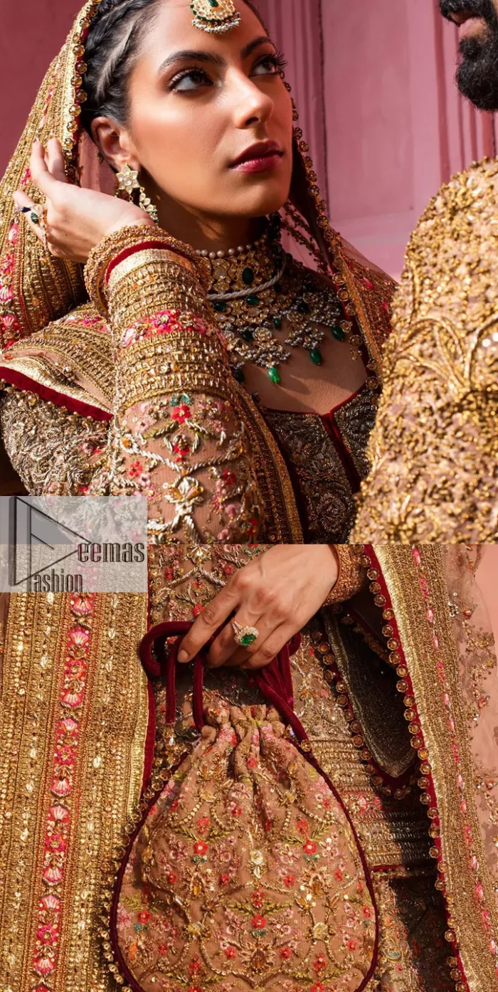 Create a look that’s for you with just one twist of this reception wear. A soft brown short shirt heavily embellished with tilla, dabka, Kora, Zardozi and Kundan. This beautiful dress has Mughal-inspired motifs, geometrical patterns, floral motifs and appliquéd silks. The round neckline makes this masterpiece unique and lovely. In addition to this, the full sleeves also admire its beauty. A lehenga supports it with an embellished border. The organza dupatta has a sequin-sprayed surface with branching floral motifs and it is enveloped with four-sided beautiful borders.