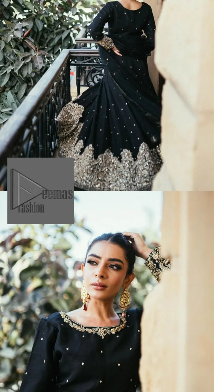 She wears a black colour as her wedding dress and looked stunning on her party event. DeemasFashion presents this outfit in black colour to make your day like a flower. The maxi is adorned with golden embroidery which is further enhanced with tilla, dabka, kora, Kundan and details of crystal to make the masterpiece a unique one. The round neckline of the blouse is also adorned with embroidery for giving a magical look. In addition to this, the full sleeves are also decorated to make your day lovely and charming. Paired up the following blouse with a lehenga having a border embellished. Complete this article with a dupatta framed with fully embellished borders and sequins sprayed all over.