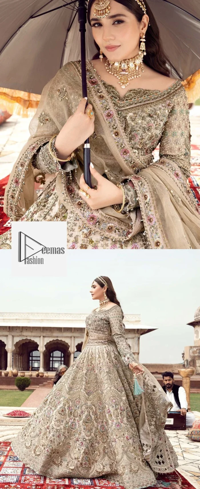 The beautiful floral patterns of this walima wear for versatile you! The?blouse is intricately emblazoned with multiple colour embellishments. Beautiful floral designs on the neckline and full sleeves give an elegant touch to the blouse. It is paired up with a flared lehenga having heavy embroidery to make your day as bright as the colour of the outfit. Graceful details of tilla, resham, sequins, and stones make this beautiful outfit a perfect choice. Complete this outfit with a dupatta framed with four-sided borders and tiny floral motifs all over to make your day versatile and charming.