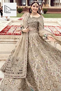 The beautiful floral patterns of this walima wear for versatile you! The?blouse is intricately emblazoned with multiple colour embellishments. Beautiful floral designs on the neckline and full sleeves give an elegant touch to the blouse. It is paired up with a flared lehenga having heavy embroidery to make your day as bright as the colour of the outfit. Graceful details of tilla, resham, sequins, and stones make this beautiful outfit a perfect choice. Complete this outfit with a dupatta framed with four-sided borders and tiny floral motifs all over to make your day versatile and charming.