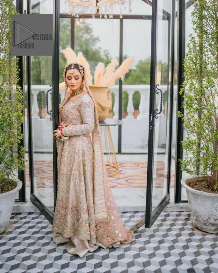 The round neckline is fully embellished with tilla, dabka, kora, Kundan, and pearls, giving it a magical look. The full-sleeved style makes this outfit a little attractive but super charming.