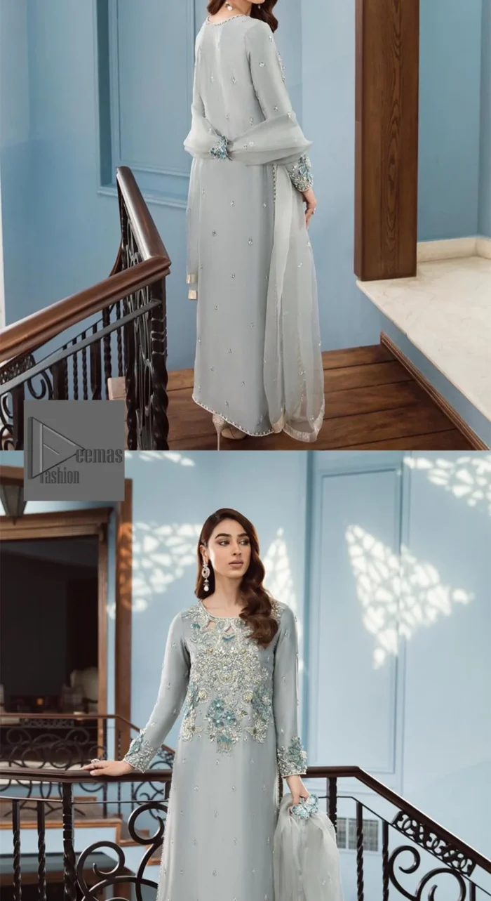 Timeless details that add an extra edge to your looks! Deemas Fashion presents this Party outfit, an embellished masterpiece that wins everyone’s hearts at first glance with its charm and elegance. The shirt in the Gray colour is laden with golden and teal embroidery, making this attire a head-turning masterpiece. Further, the round neckline is fully embellished with tilla, dabka, kora, Kundan, and pearls that give it a magical look. The full-sleeved style makes this outfit a little attractive but super charming. Complete this article with a dupatta, having a tiny floral motif all over to give you a decent look.