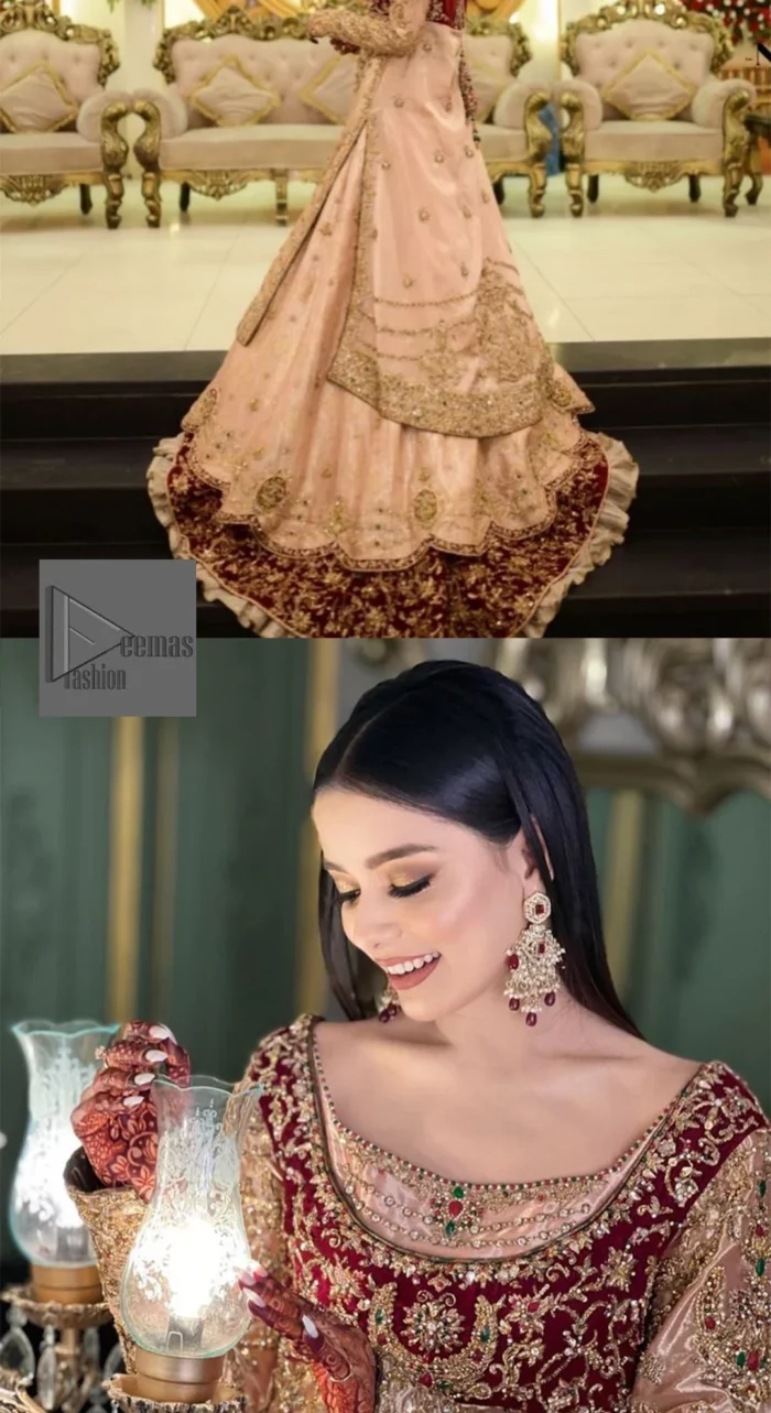 Your words about your special day is expertly written in this beautiful dress. This ivory front open gown is the picture of elegance and majesty. Silver dabka, pearls, tilla, kora, Kundan, zardozi, and the true magic of beads are used to embellish the stunning garment. Golden embroidery on it makes it stand out. The V-shaped neckline of the dress elevates this ensemble. Moreover, full sleeves are embellished with the lovely embroidery. Pairing the richly embroidered ivory gown with a set of simple frilled lehenga and inner frock would look stunning. To achieve professional magic, it is set up with a dupatta that is bordered with four-sided borders and spray of sequins all over.