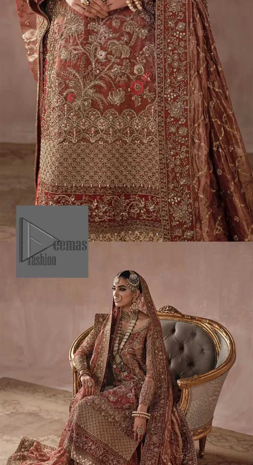 The boat-shaped neckline enhances the appeal and attractiveness of the outfit when worn with a lehenga. The golden embroidery on the outfit is complemented by tilla, dabka, kora, Kundan, and the true enchantment of Zardozi. It is paired up with a lehenga with having flared bottom. For a stunning finishing touch, add a dupatta with a two-sided embroidered border to this lovely item of clothing.