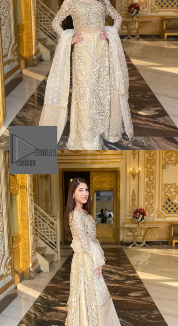 Bringing in the Nikah spirit with some flowers. Exquisite nikkah long shirt dress in pale green colour with silver pearl, sequin, kora, dabka, tilla, Zardozi, and Kundan embroidery accents. The embroidery on the whole length of the sleeves is done in flowery designs. This masterpiece is extremely special and endearing because of the boat shape neckline. The inner blouse of the beautiful outfit is embellished with embroidery. Also, the trousers makes it a wonderful match for the dupatta. In order to balance the entire ensemble, it is arranged with a dupatta.