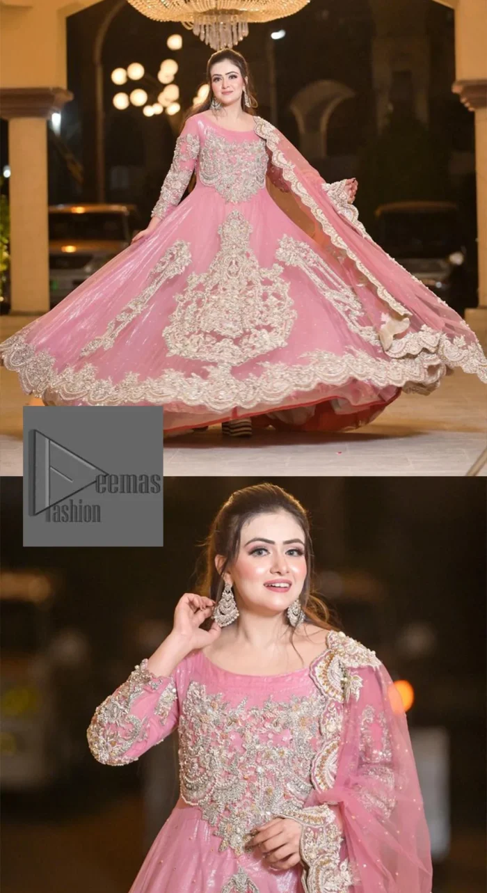 DeemasFashion presents this wedding outfit which is an embellished masterpiece that wins everyone’s hearts at the very first glance with its charm and elegance. The Maxi in the Pink colour has laden with Golden embroidery which makes this attire a head-turning masterpiece. Further, the round neckline is fully embellished with tilla, dabka, kora, Kundan, and pearls that is giving it a magical look. The fullsleeves style makes this outfit a little attractive but super charming. Complete this article with a dupatta, framed with a four-sided border.