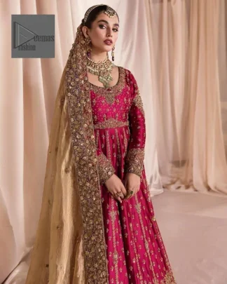Be a dreamy vision in this reception wear. The beautiful frock in the shocking pink shade is embellished with intricate designs and fine details. It is enhanced with hand-crafted golden embroidery with details of tilla, dabka, kora, Kundan and magic of Zardozi. The round neckline and full sleeves feature a heavily crafted floral pattern enhanced by cutwork detailing. The following frock is organized with a filled lehenga whose border is beautifully decorated with embroidery making it an epitome of beauty and grace. Furthermore, The embellished borders of the golden dupatta give a perfectly glamorous look to the beautiful overall outfit.