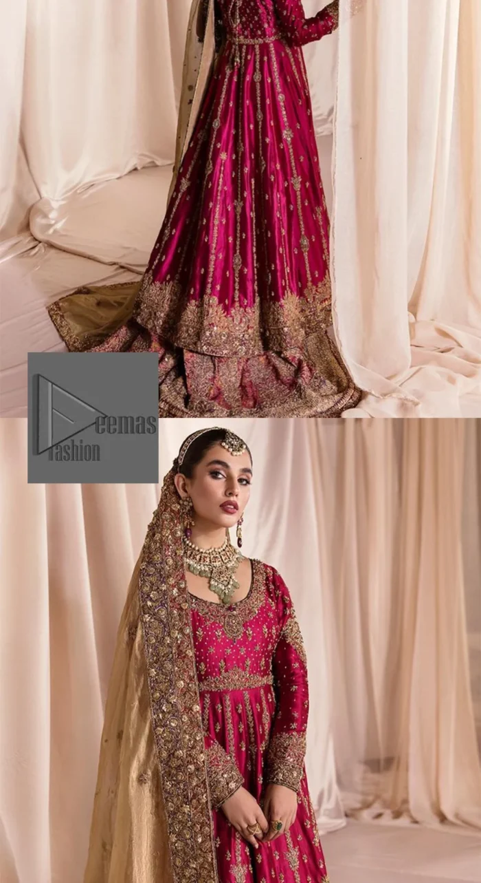Be a dreamy vision in this reception wear. The beautiful frock in the shocking pink shade is embellished with intricate designs and fine details. It is enhanced with hand-crafted golden embroidery with details of tilla, dabka, kora, Kundan and magic of Zardozi. The round neckline and full sleeves feature a heavily crafted floral pattern enhanced by cutwork detailing. The following frock is organized with a filled lehenga whose border is beautifully decorated with embroidery making it an epitome of beauty and grace. Furthermore, The embellished borders of the golden dupatta give a perfectly glamorous look to the beautiful overall outfit.