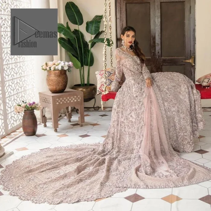 Deemas Fashion tea pink dress is an assortment of celebrations and rituals where luxury plays a significant role. This fully embellished traditional dress makes minimal use of jewelry as its sleeves, back train and huge flare is perfectly enriched with embroidery, so no element of the dress or bride herself is without decoration. 
