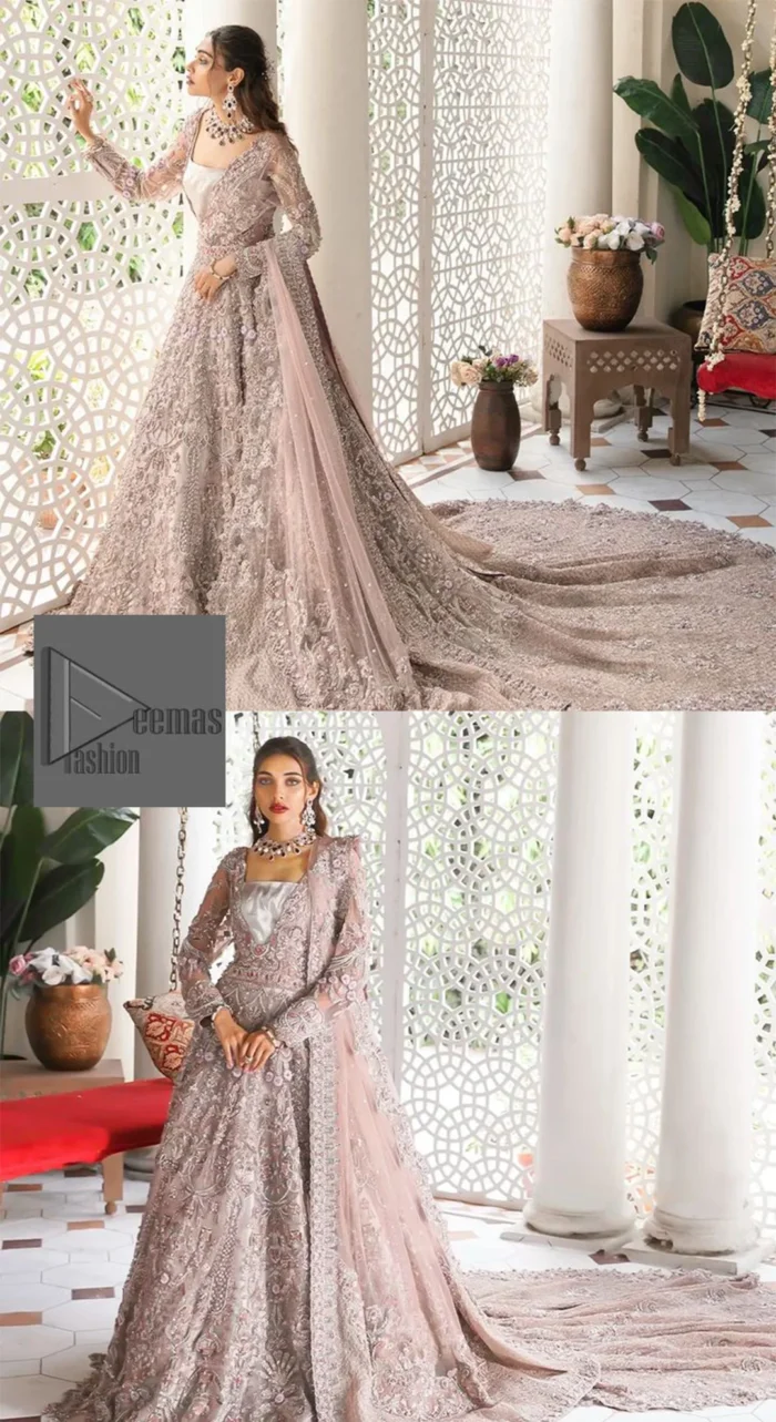 Deemas Fashion tea pink dress is an assortment of celebrations and rituals where luxury plays a significant role. This fully embellished traditional dress makes minimal use of jewelry as its sleeves, back train and huge flare is perfectly enriched with embroidery, so no element of the dress or bride herself is without decoration. 