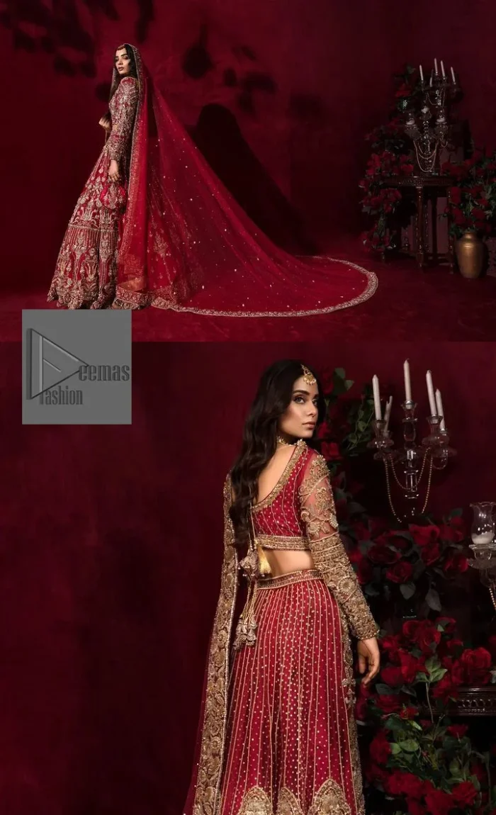 Its round neckline is just the epitome of grace. It is paired up with a lehenga in the same color having heavy embellishments to make a true statement. The following lehenga choli is organized with a dupatta framed with four-sided embellished borders and tiny floral motifs, sequins spray all over to create a romantic look.