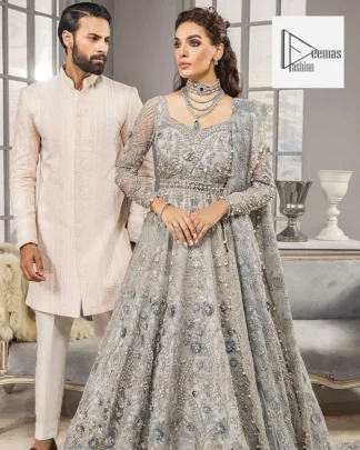 The following maxi is further intensified with multiple colour embroidery and matching embellishments to give you a royal touch. A beautiful organza dupatta with sequins spray and beautiful embellished border completes the look.