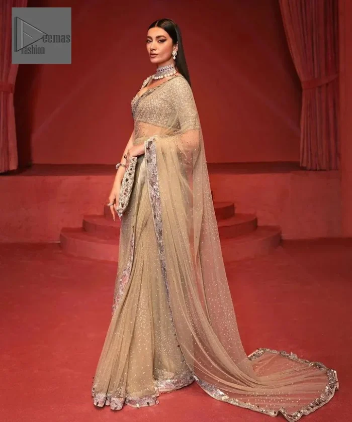 The following blouse is beautifully decorated with silver embroidery and enhanced with tilla, dabka, kora, Kundan, and the real magic of Zardozi. Further, it comes with a half-sleeved style to give a royal touch. Its round neckline is just the epitome of grace.