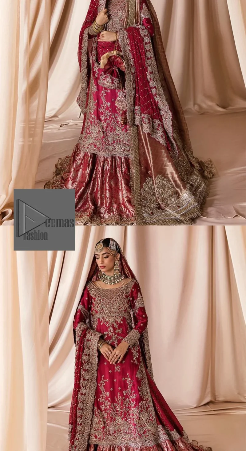 The maroon color is the perfect feminine and delicate shade with its meticulously crafted untruth The gorgeous shirt is embellished with tilla, dabka, kora, Kundan, and Zardozi. The colour of the embroidery is gold. Everyone is captivated by the shirt’s boat shape neckline. Moreover, the shirt’s three quarter sleeves are embellished with floral designs. It is coordinated with scalloped lehenga having beautiful border embellished. Complete this outfit with dupatta framed with a four sided embellished scalloped borders