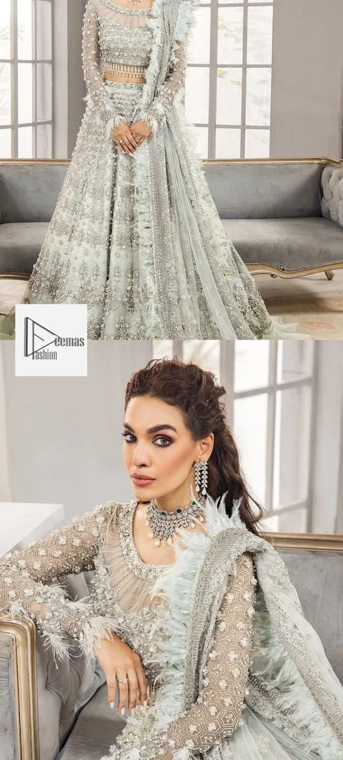 Unveil your beauty on your Walima day with our exquisite mint Walima outfit. This attire is a testament to grace and sophistication, with its intricate multiple-colour detailing of tilla, dabka, kora, Kundan, Zardozi and high-quality fabrics. Its boat-shaped neckline and full sleeves ensure comfort and confidence as you celebrate your special occasion. Available with a flared lehenga, this ensemble seamlessly blends tradition with contemporary style. The lehenga is also embellished with beautiful zari work. Complete this article with a dupatta framed with four-sided embellished borders and floral motifs all over.