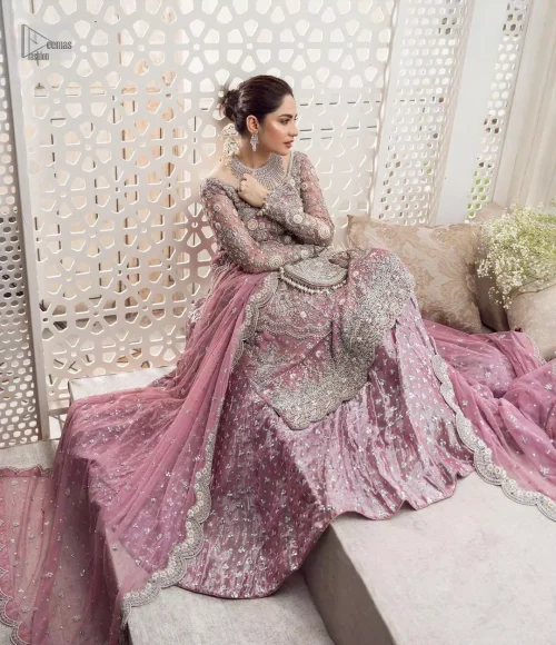 Violet Scalloped Long Shirt Silky Tea Rose Lehenga