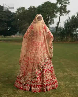 The classic peach color dupatta reflects the solemnity of the Nikah, while subtle embellishments add a touch of elegance.