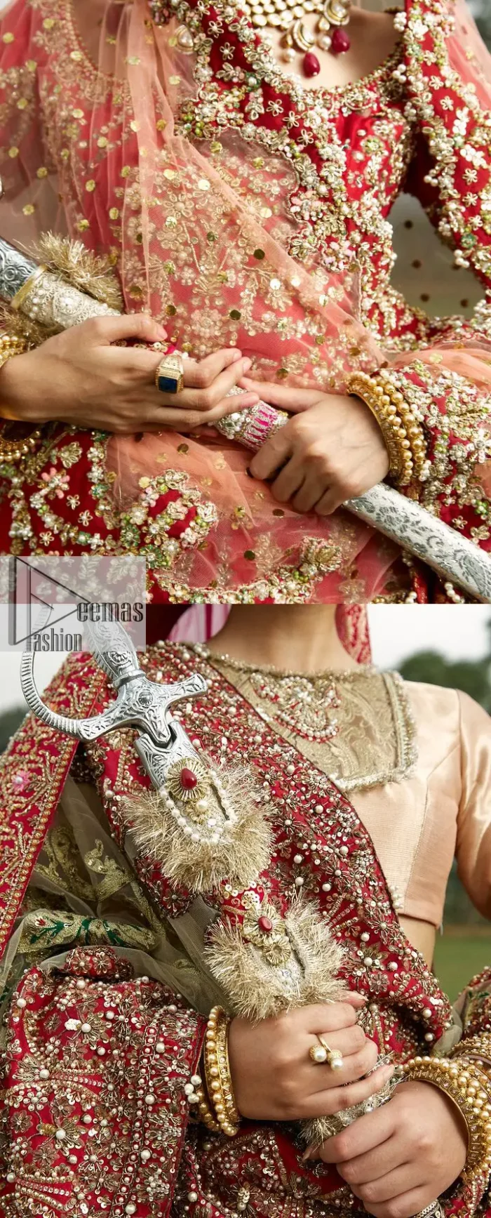 Introducing our Nikah dress, a timeless symbol of purity and grace, tailored for your sacred union. This exquisite bright red blouse is designed with a delicate and modest floral embroidery, accentuating the significance of the moment.