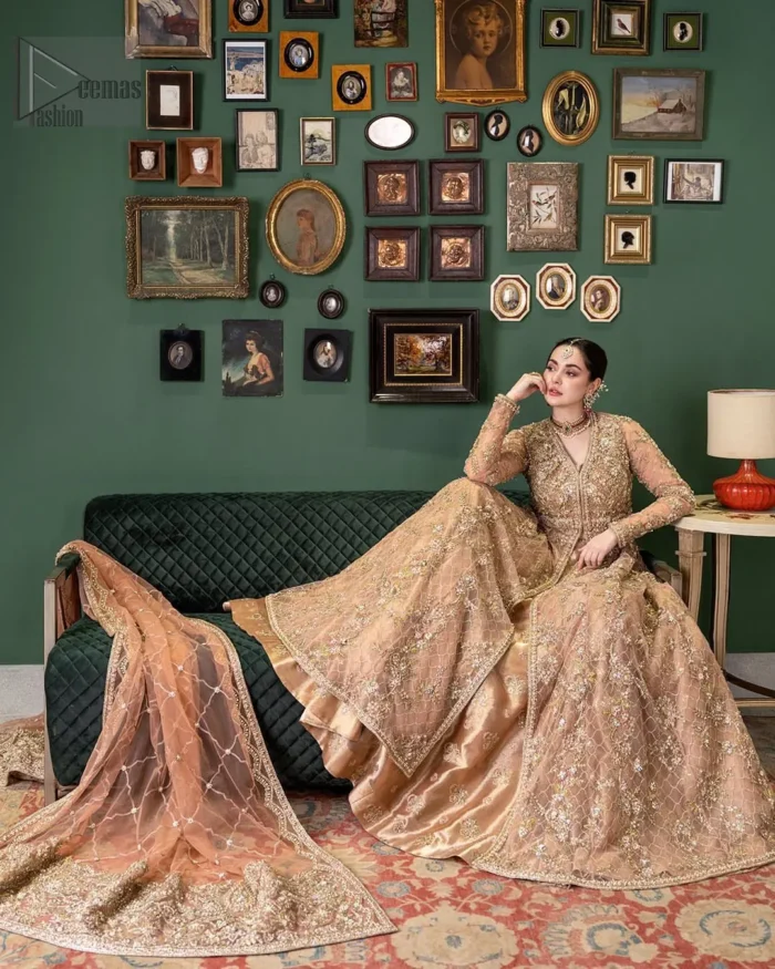 Crafted with dull golden and antique shades of embroidery which involves tilla, dabka, kora , Kundan and the real magic of Zardozi, its exquisite details and timeless charm will leave everyone in awe.
