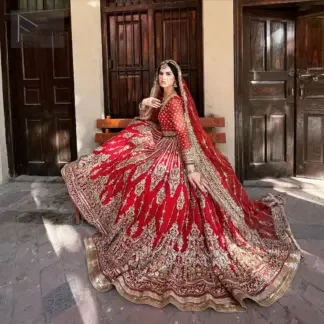 This unique red dress is a masterpiece of design, crafted with light golden and light antique shades of embroidery to capture the essence of your special day with unparalleled style.