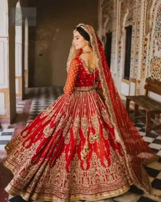 Step into your reception with confidence and poise in our exceptional reception outfit, a true embodiment of individuality. This unique red dress is a masterpiece of design, crafted with light golden and light antique shades of embroidery to capture the essence of your special day with unparalleled style.