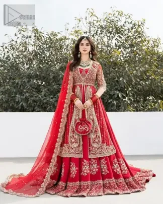 Be the centre of attention it is paired up with a lehenga and dupatta that combines comfort and glamour, making your celebration unforgettable. Make a statement in our one-of-a-kind reception dress and embrace the spotlight with confidence.