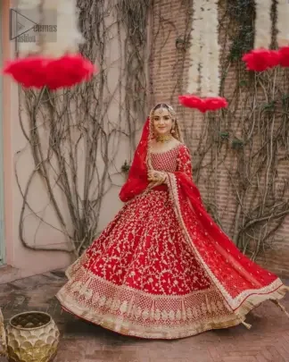 the beautiful floral jaal lehenga offers a truly distinctive look, making you the center of attention. Elevate your wedding day with a touch of elegance and charm, as you shine in this extraordinary reception outfit.