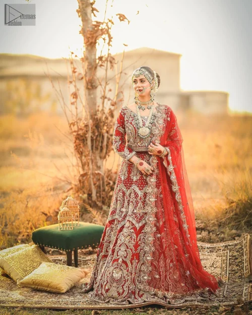 With its dramatic flare and intricate net and organza fabrics, the flowing lehenga creates a stunning, ethereal effect as you