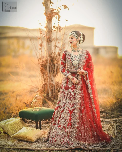 The blouse choli with a round neckline and three-quarter sleeves provides a delicate yet flattering frame.