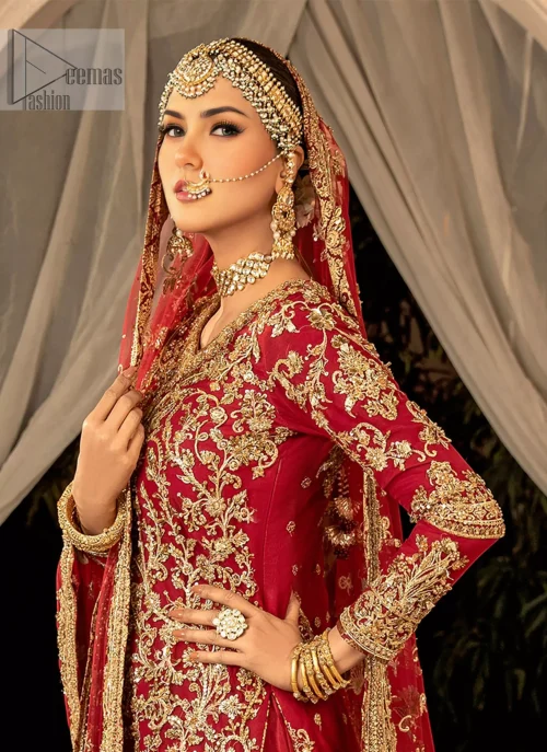 Step into your wedding day with the Red Long Shirt Back Train Farshi Lehenga, a stunning combination of traditional charm