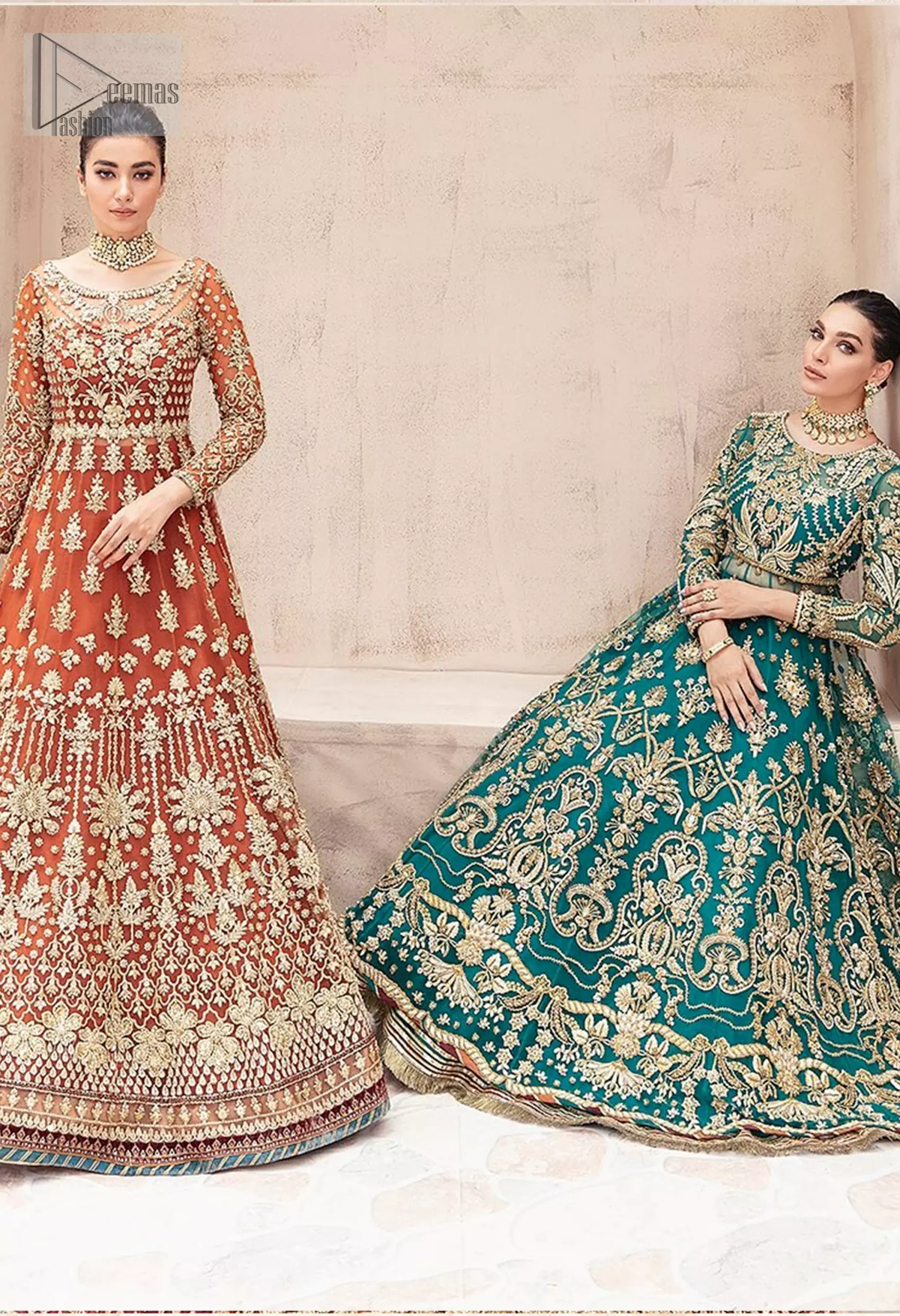 The rich rust hue, paired with an embellished bodice and intricate golden embroidery, creates a look that is both bold and enchanting.