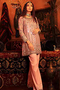 Step into timeless elegance with the Salmon Pink Short Shirt Palazzo Pants, an elegant choice for Nikah festivities.