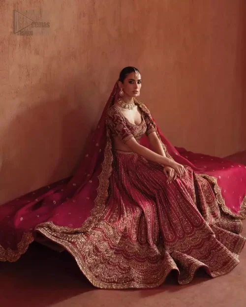 Tonal Harmony: A shot highlighting the perfect contrast between the deep crimson fabric and antique gold embroidery.