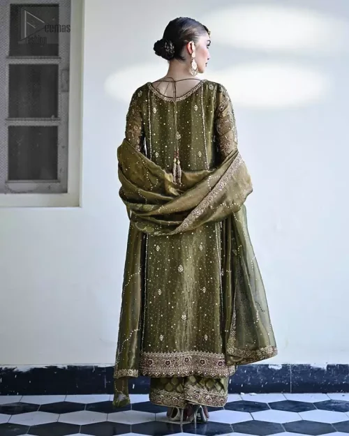 Formal olive green long shirt set paired with palazzo pants, designed in premium katan banarsi jamawar and pure tissue silk