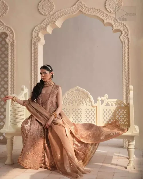 Peach Pink Front Open Jacket Sharara Dupatta