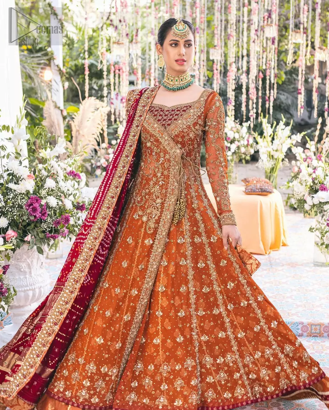 Rust and red entwine like fire and devotion. That’s why the Rust Angrakha Farshi Lehenga radiates majesty meant for the most spirited celebrations.