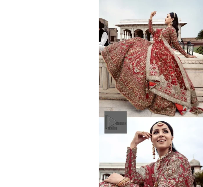 Make your day bright and bold! DeemasFashion presents a beautiful red outfit which involves silver embroidery and is covered with tilla, dabka, kora, Kundan and the beautiful details of Zardozi. The full sleeves are covered with attractive floral patterns. Further, the jewel neckline gives a romantic touch to this beautiful outfit. The?Bridal Lehenga?has a massive flare and it gives the gorgeous bride a breathtaking look on the big day.?The Lehenga is gracefully emblazoned with?sequins, crystals, and Resham. Intricate details of zardozi and gota make this Lehenga Dress an epitome of grace. A beautiful dupatta with floral patterns & beautiful embellished border completes the look.