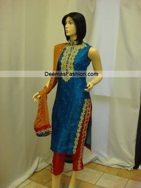 Pakistani Designer Dress - Blue Red Formal Wear