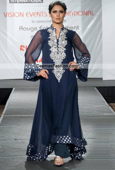 Pakistani Formal Wear - Stylish Navy Blue Silver Dress 