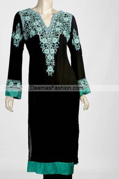 Latest Pakistani Casual Wear - Black Sea Green Dress