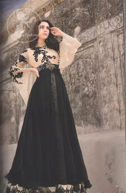 Latest Pakistani Semi Formal Fawn & Black Maxi