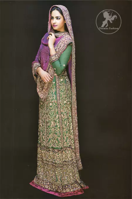 Latest Pakistani Bottle Green Bridal Maxi with Purple Dupatta