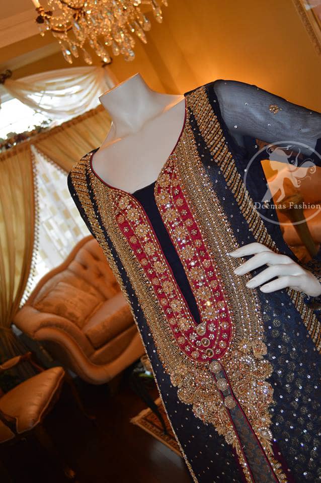 Dark Grey Front Open Gown Deep Red Lehnga and Dupatta