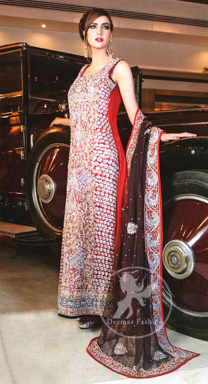 Deep Red Fully Embellished Formal Long Shirt with Plum Dupatta